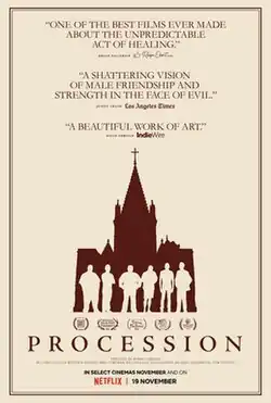 The silhouettes of six people standing in front of a church.