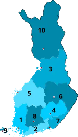 1945-1947   1 Turku and Pori   2 Uusimaa   3 Oulu   4 Mikkeli   5 Vaasa   6 Kuopio   7 Kymi   8 Tavastia   9 Åland 10 Lapland