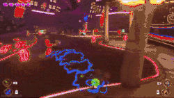 An animated GIF from one of the game's levels, where Raz uses a levitation ball to create distance from an enemy, fires a projectile, and dodges an attack.