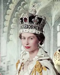 Elizabeth II wearing the Imperial State Crown which was reduced in height for her coronation in 1953