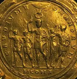 The Constantinian dynasty in the reign of Constantine the Great and his sons, with the augustus crowned by the hand