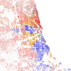 Image 17Map of racial distribution in Chicago, 2010 U.S. census. Each dot is 25 people: ⬤ White ⬤ Black ⬤ Asian ⬤ Hispanic ⬤ Other (from Chicago)