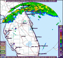 A long east–west line of various colors indicates the strength of the storm as it moves across the Floridian peninsula. Boxes indicate the warnings issued by the Nation Weather Service. A particularly violent section of the storm, the part which caused the tornadoes, is signified by deep red. It is followed across the state by NWS warnings.