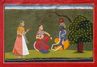 Radha and Krishna in Discussion, (An illustration from Gita Govinda) Gouache on paper (c. 1730).