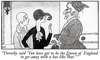 A black and white sketch of Lorelei and Dorothy confronted by an ogre-like Lady Beekman in their Paris hotel room.