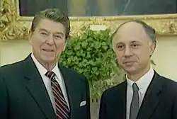 Rodrigo Lloreda (Right) with U.S President Ronald Reagan (Left) in 1985
