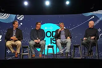 Reasons to Believe staff scholars Dr. Jeff Zweerink, George Haraksin, Dr. Fazale Rana and Dr. Hugh Ross speak during a conference at Grace Church St. Louis in November 2022