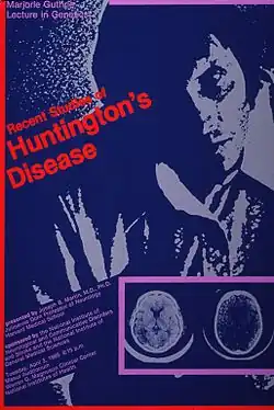 Teal and gray poster with red-orange and lavender lettering and highlights, announcing lecture, April 1985. Also lists speaker, sponsors, date, time, and location. Speaker was Joseph B. Martin, M.D., Ph.D., Professor of Neurology, Harvard Medical School. Largest feature of poster is computer-generated image of human head and torso. Smaller, clearer image of two brain scans, bounded by lavender, is superimposed on human figure.