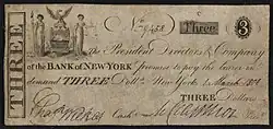 Bank of New York 3 dollar banknote