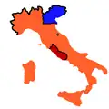 1861:   Kingdom of Sardinia   Kingdom Lombardy–Venetia   Papal States After the Expedition of the Thousand, and on the eve of the proclamation of the Kingdom of Italy
