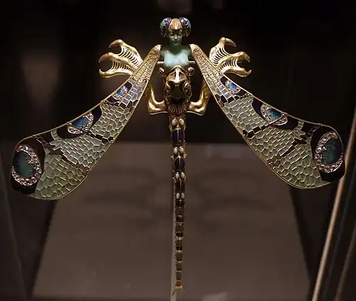 The Dragonfly brooch; by René Lalique; c. 1897–1898; gold, vitreous enamel, chrysoprase, chalcedony, moonstone and diamond; height: 23 centimetres (9.1 in), width: 26.5 centimetres (10.4 in); Calouste Gulbenkian Museum (Lisbon, Portugal)