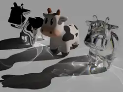 3D rendered image showing three copies of a cartoon cow. The one on the left has a mirror surface, and the one on the right uses a transparent glass material. The base surface is illuminated by finely detailed bright spots and lines ("caustics") caused by light being focused by the reflective and transparent cows. The caustics are colorful in some places, due to chromatic dispersion.