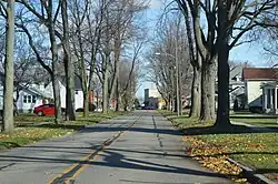 Tree-lined street southwest of the post office
