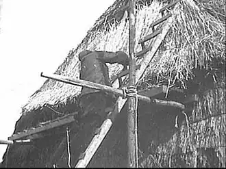 The putlog is the horizontal piece on which the platform rests, the upright pole is called a standard. In some masonry buildings the holes into which the putlogs are inserted remain unfilled and are called putlog holes, 1944.