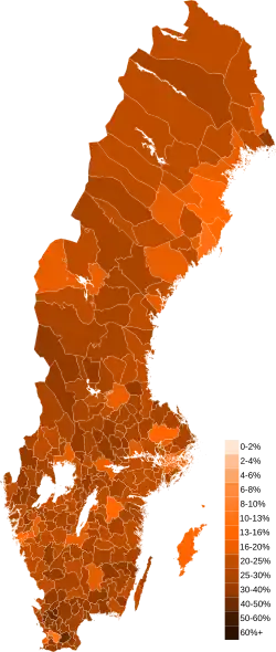 2022: The party's share of the vote by municipality (darker shades indicate a higher percentage of votes)