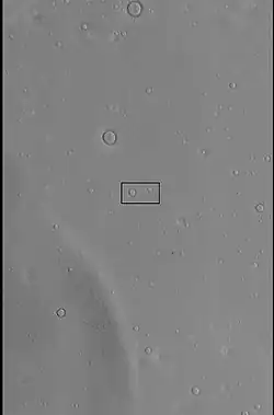 CTX context image for next image taken with HiRISE. Box indicates image footprint of following image.