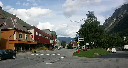 Rjukan town center, narrowly sandwiched between tall, steep slopes