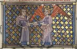 The God of Love locks the Lover's heart. f. 15r.b, Roman de la Rose MS NLW 5016D