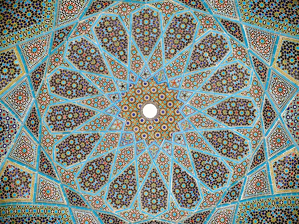 Complex Mosaic patterns also known as Girih are popular forms of architectural art in many Muslim cultures. Tomb of Hafez, Shiraz, Iran