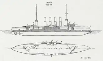 The ships had a pointed, ram bow, four smokestacks, two large masts. They carried their largest guns in a pair of circular gun turrets, one toward the front and one toward the rear; the rest of the smaller guns were dispersed along the length of the ships' sides.