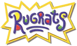 The word "Rugrats" and two small underlines in dark blue written in a child's handwriting, with red, yellow, and green dots, a white background and a jagged yellow border.