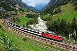 The train near Wassen in the upper Reuss valley