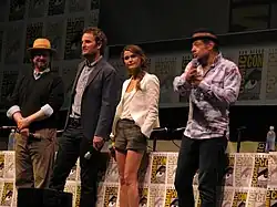 Cast and crew of Dawn of the Planet of the Apes: director Matt Reeves and actors Jason Clarke, Keri Russell, and Andy Serkis