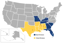 The SEC as it existed between 2012 and 2024, after the additions of Texas A&M and Missouri.