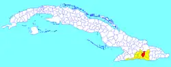 San Luis municipality (red) within Santiago Province (yellow) and Cuba
