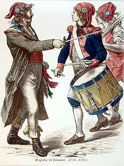 French revolutionaries wearing bonnets rouges and tricolor cockades.