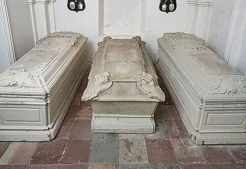 The sarcofages of Carl Juel (right) and his first wife Christiane Henriette von Schleinitz in Vregninge Church on Tåsinge. The sarcofagus to the left is that of Sophie Amalie Parsberg (1699-1788), Juel's sister-in-law (married to his brither Nile).