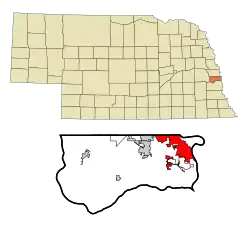 Location of Bellevue within Nebraska and Sarpy County