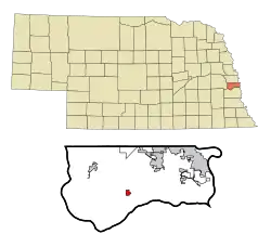 Location of Springfield within Sarpy County and Nebraska