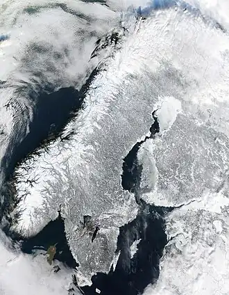 The Scandinavian Peninsula covered in snow