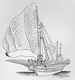 Drawing of a galley from the front with oared raised and the crew raising the front mast spar to a vertical position