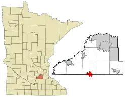 Location of the city of New Prague within Scott and Le Sueur Counties in the state of Minnesota