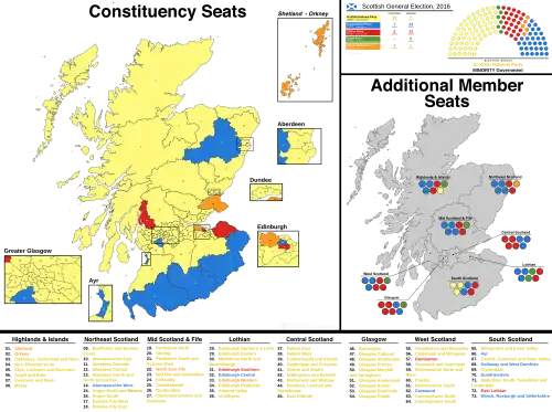 A map showing the constituency winners of the Election by their party colours.