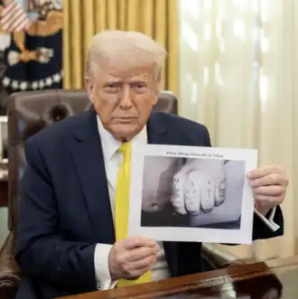 Donald Trump holds up a digitally printout of Kilmar Abrego Garcia's hand in the White House