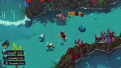 Three people fighting a monster next to a waterfall while partially submerged in water.