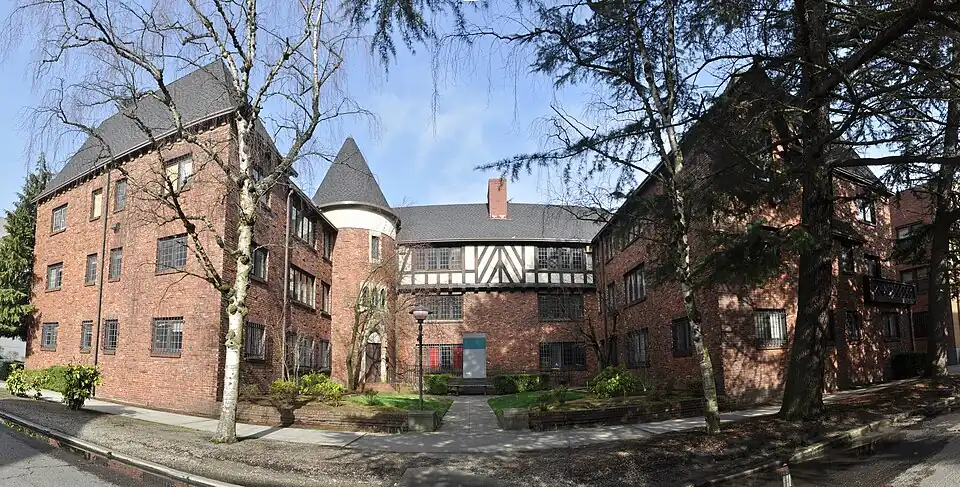 Panoramic view of the former Group Health East Building (a former apartment house), 1600 E. John Street, Capitol Hill, Seattle