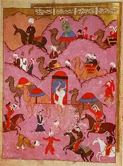 Murder of Ma'sum Beg, the envoy of the Safavid Shah Tahmasp, by Bedouin in the Hejaz, from the Şahname-ı Selim Han (folio 68a)