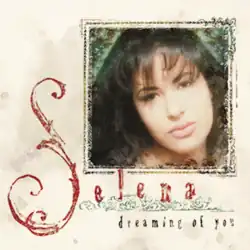 Album artwork of Dreaming of You: Close-up image of Selena's face, surrounded by soft glossy green hues, cropped to the upper-right side within a square portrait border. The singer's straight dark hair with bangs looks serene, gazing at the viewer. Her name appears on the left in large bold red serif letters, with the title "Dreaming of You" below it in a black typewriter-style font. The package is a muted white color with visible stains and droplets.