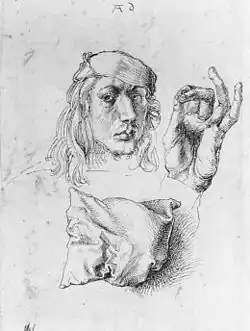 Self-portrait with a pillow, drawing of 1491–92. This study for the 1493 Louvre self-portrait was executed on the reverse of that canvas.[10]