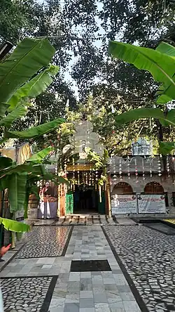 Temple entrance, behind trees and plants