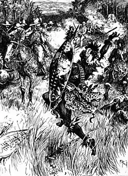A black-and-white sketch depicting a Southern African battle fought amid long grass in a thick wood. The image focuses on two figures in the foreground: a white soldier on horseback (on the left) and a black warrior on foot (on the right). The white man has apparently just fired his rifle at the warrior, who is thrown back in his stride by the shot, his spear falling from his right hand. More soldiers and warriors can be seen in the background.