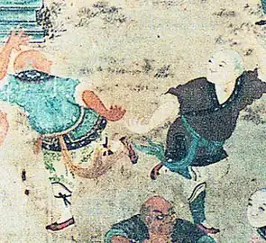 Image 49Depiction of fighting monks demonstrating their skills to visiting dignitaries (early 19th-century mural in the Shaolin Monastery). (from Chinese martial arts)