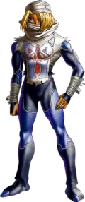 Artwork of Sheik wearing a mask and a blue and white unitard