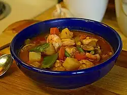 A broth-style seafood chowder prepared with shrimp