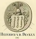 Seal of Heinrich von der Decken of the year 1585. He had three trammel hooks in his coat of arms and lived until 1590. Heinrich was alderman and mayor of the town Stade. He had farms in Götzdorf [de] north of Stade and Aschhorn [nds] near Drochtersen. He belonged to the extinct line in the town of Stade. (copied)
