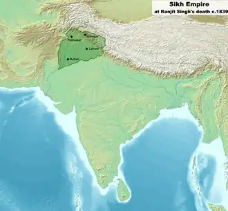 The Sikh Empire c. 1839, at the time of Ranjit Singh's death